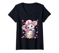 Mujer Kawaii Mouse In Valentines Basket For Girls Cute Heart Camiseta Cuello V