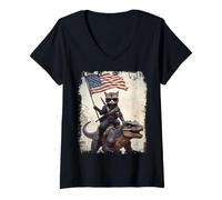 Mujer Kawaii Ninja Cat Riding Dinosaurio Bandera Americana Patriótica Camiseta Cuello V