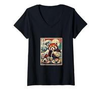 Mujer Kawaii Panda Rojo Verter Sake Sushi Ukiyo-e Arte Japonés Camiseta Cuello V