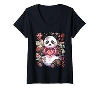 Mujer Kawaii Panda with Heart Sweet Panda Bear with a Heart Symbol Camiseta Cuello V
