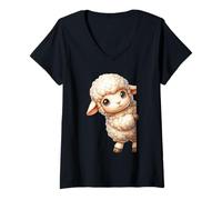 Mujer Kawaii Peeking Cordero Lindo Bebé Oveja Ilustración Camiseta Cuello V