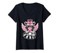 Mujer Kawaii Raccoon Valentine's Day Angel with Heart Sunglasses Camiseta Cuello V