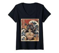 Mujer Kawaii Ramen Cat Japanese Wave Art Retro Anime Amante de los Fideos Camiseta Cuello V