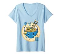 Mujer Kawaii Ramen Lindo Anime Adorable Tazón de Fideos Japoneses Camiseta Cuello V