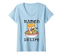 Mujer Kawaii Ramen Shiba Inu Perro Anime Fideos Japoneses Camiseta Cuello V