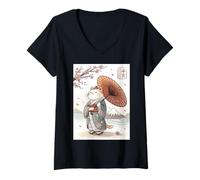 Mujer Kawaii Retro Japón Anime Gato Kimono Paraguas Sakura Japonés Camiseta Cuello V