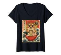 Mujer Kawaii Rock Hyrax Comer Ramen Fideos Bowl Lindo Anime Camiseta Cuello V