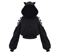 Mujer Kawaii Ropa Cat Ears Black Hoodie Pulli Dark Gótico Sudadera con Capucha Manga Larga Sudadera Hollow Out Gothic Punk Top Femboy Clothes Otoño e Invierno Blusa Colonia Carnaval Ropa de Fiesta,
