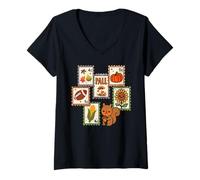 Mujer Kawaii - Sellos Postales de otoño con diseño de Ardilla y Hojas de otoño Camiseta Cuello V