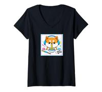 Mujer Kawaii Shiba Inu Comer Ramen Dog Gamer Camiseta Cuello V