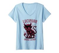 Mujer Kawaii Smoke Catnip LUCIPURR Cat Wizard Creepy Lucifer Witch Camiseta Cuello V