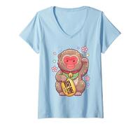 Mujer Kawaii Snow Monkey Maneki Neko Fortune Macaco japonés Camiseta Cuello V