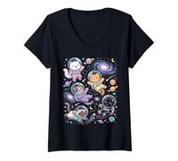 Mujer Kawaii Space Cats Astronauta Galaxia Estrellas Planetas Camiseta Cuello V