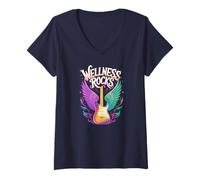 Mujer Kawaii WELLNESS ROCKS Yoga Profesor Entrenador Fitness Mamá Empoderar Camiseta Cuello V
