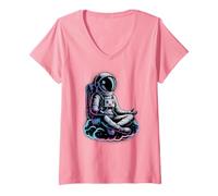 Mujer Kawaii Yoga Astronauta Wellness Squad Tai Chi Medita Camiseta Cuello V