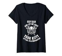 Mujer Keep Calm an Let me Save Your Kitty. Its Ok I'm Firefighter. Camiseta Cuello V