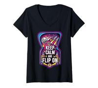 Mujer Keep Calm and Flip On Retro Pinball Arcade Game Camiseta Cuello V