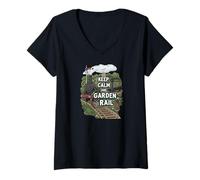 Mujer Keep Calm and Garden Rail Model Train Hobbyist Camiseta Cuello V