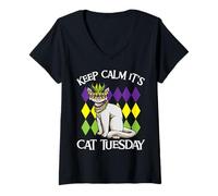 Mujer Keep Calm It's Cat Tuesday Divertido Mardi Gras Camiseta Cuello V