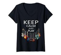 Mujer Keep Calm Just Play Guitar Músico Camiseta Cuello V