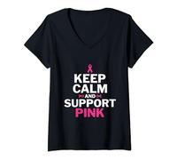Mujer Keep Calm & Support Pink - Concientización Sobre El Cáncer Camiseta Cuello V