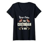 Mujer Keep Calm The Custodian Is Here Funny Janitor Apreciación Camiseta Cuello V