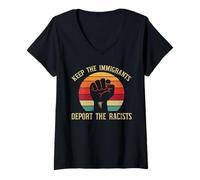Mujer Keep Immigrants Deport Racists Retro Fist Mujeres Hombres Niños Camiseta Cuello V