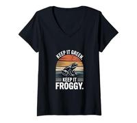 Mujer Keep It Green Keep It Froggy Retro Sunset Frog Camiseta Cuello V