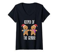 Mujer Keeper of The Gender Revela Baby Shower Gingerbread Xmas Camiseta Cuello V