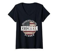 Mujer Ketchikan Alaska, Bandera Americana Vintage Camiseta Cuello V