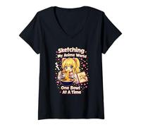Mujer ketching My Anime World | Un tazón a la Vez Kawaii Camiseta Cuello V