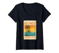 Mujer Key West Florida Atardecer Vintage Tropical Beach Camiseta Cuello V
