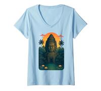 Mujer Khmer Bayon Templo Cara Camboya Diseño Atardecer Ambiente Camiseta Cuello V