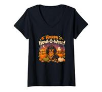 Mujer Kids Happy Howl-O-Ween Halloween Black Long Haired Dachshund Camiseta Cuello V