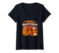 Mujer Kids Happy Howl-O-Ween Halloween Red Long Haired Dachshund Camiseta Cuello V