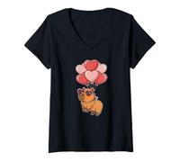 Mujer Kids Womens Girls Valentines Day Heart Balloons Capybara Camiseta Cuello V
