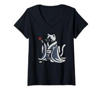 Mujer Kimono caligráfico Vintage Gato Bebiendo té Arte japonés Camiseta Cuello V