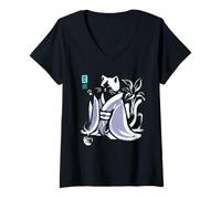 Mujer Kimono de té caligráfico Vintage con Gato y Arte japonés Camiseta Cuello V