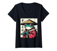 Mujer Kimono japonés de Rana Samurai Ukiyo-e Art para Hombres, Mujeres y niños Camiseta Cuello V