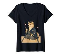 Mujer Kimono japonés Samurai Shiba Inu Ukiyo E Camiseta Cuello V