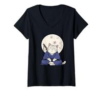Mujer Kimono, Kimono, Katana Japonesa, diseño de Gato samurái Perezoso Camiseta Cuello V