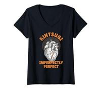 Mujer Kintsugi - Cerámica japonesa de reparación con corazón dorado Camiseta Cuello V