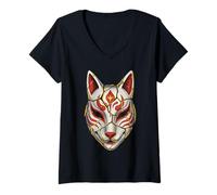 Mujer Kintsugi Fox Mask Kitsune Mitología Japonesa Resiliencia Camiseta Cuello V