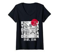 Mujer Kioto Japón Pagoda Torii Puerta Rojo Sol Bosquejo Retro Camiseta Cuello V