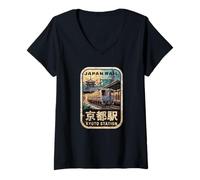 Mujer Kioto Station Japón Pagoda Retro Vintage Tren Kanji Diseño Camiseta Cuello V