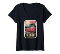 Mujer Kioto Station Japón Pagoda Retro Vintage Tren Kanji Diseño Camiseta Cuello V