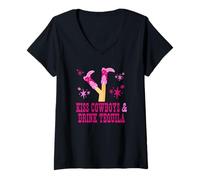 Mujer Kiss Cowboys & Drink Tequila Western Style Retro Mujer Camiseta Cuello V