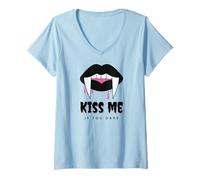 Mujer Kiss Me If You Dare Halloween Vampire Fangs Camiseta Cuello V