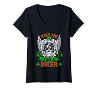 Mujer Kiss Me I'm A Biker Skull Lucky Shamrock St Patricks Day Camiseta Cuello V