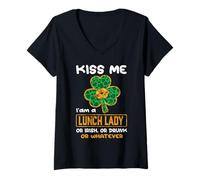 Mujer Kiss Me I'm A Lunch Lady with Shamrock St Patricks Day Camiseta Cuello V